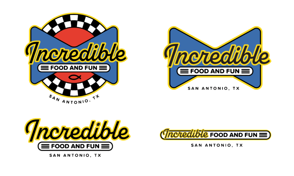 Four variations of the Incredible Food and Fun logo, including the primary badge, Infinity Bow mark, horizontal layout, and thin-line version, featuring the San Antonio, TX location.
