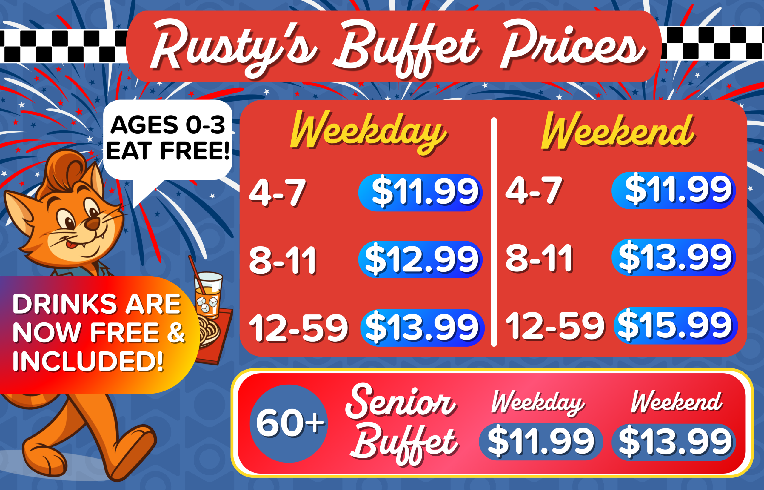 Rusty's Buffet Prices at Incredible Food and Fun showing weekday, weekend, senior buffet pricing, free drinks included, and ages 0-3 eat free